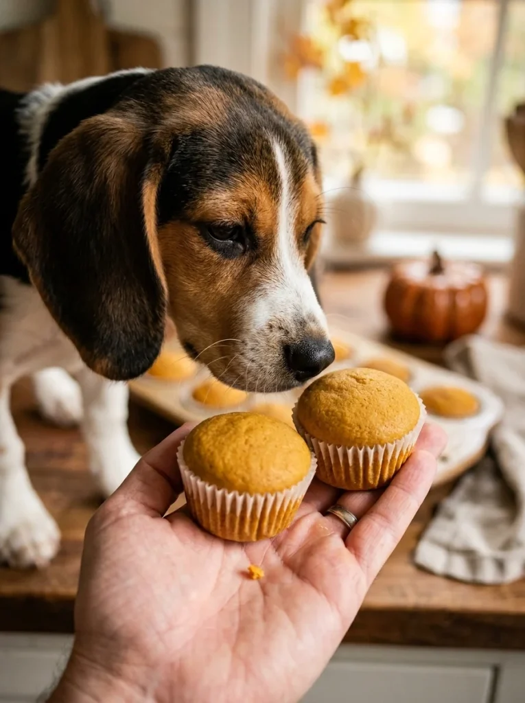 Hand offering a soft pumpkin mini muffin among 3-ingredient applesauce dog treats
