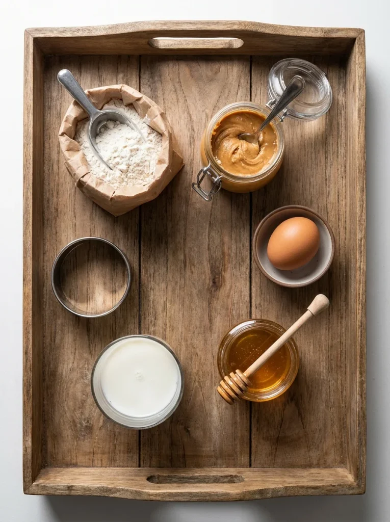 Realistic overhead layout of ingredients needed for peanut butter macarons for dogs
