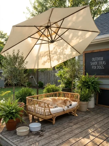 dog resting under patio umbrella shade