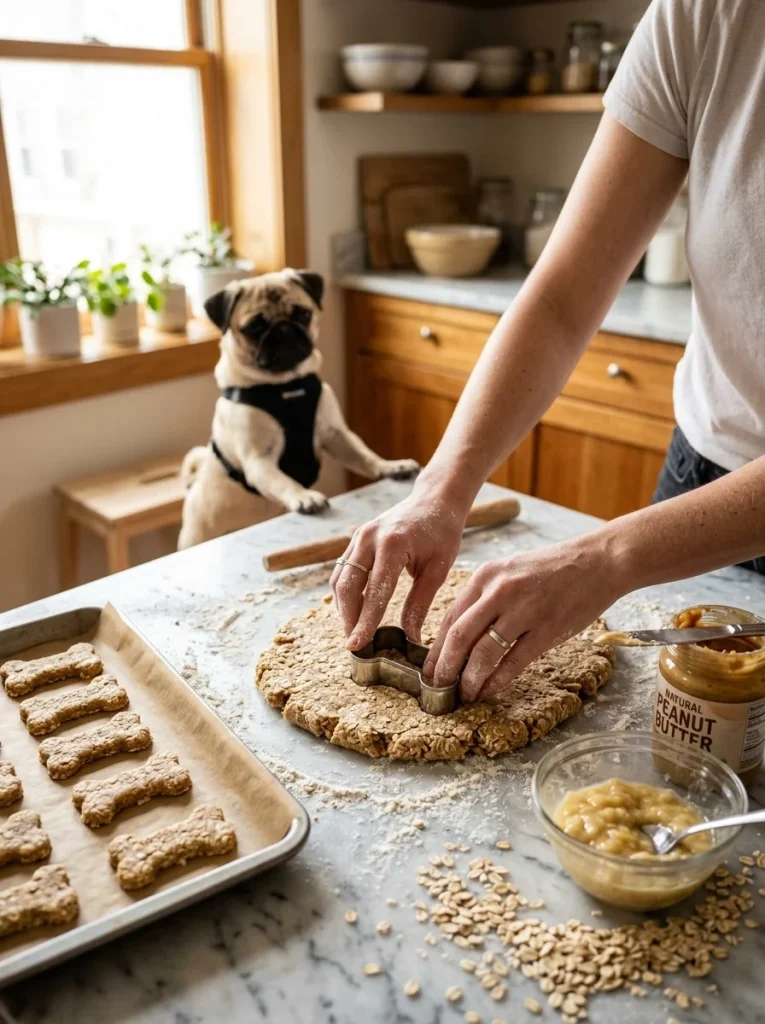 Hands cutting peanut butter banana dough into biscuits for vegan dog treats
