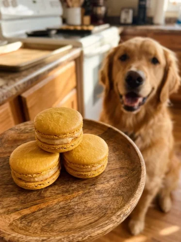 Stack of homemade peanut butter macarons for dogs on a wooden plate