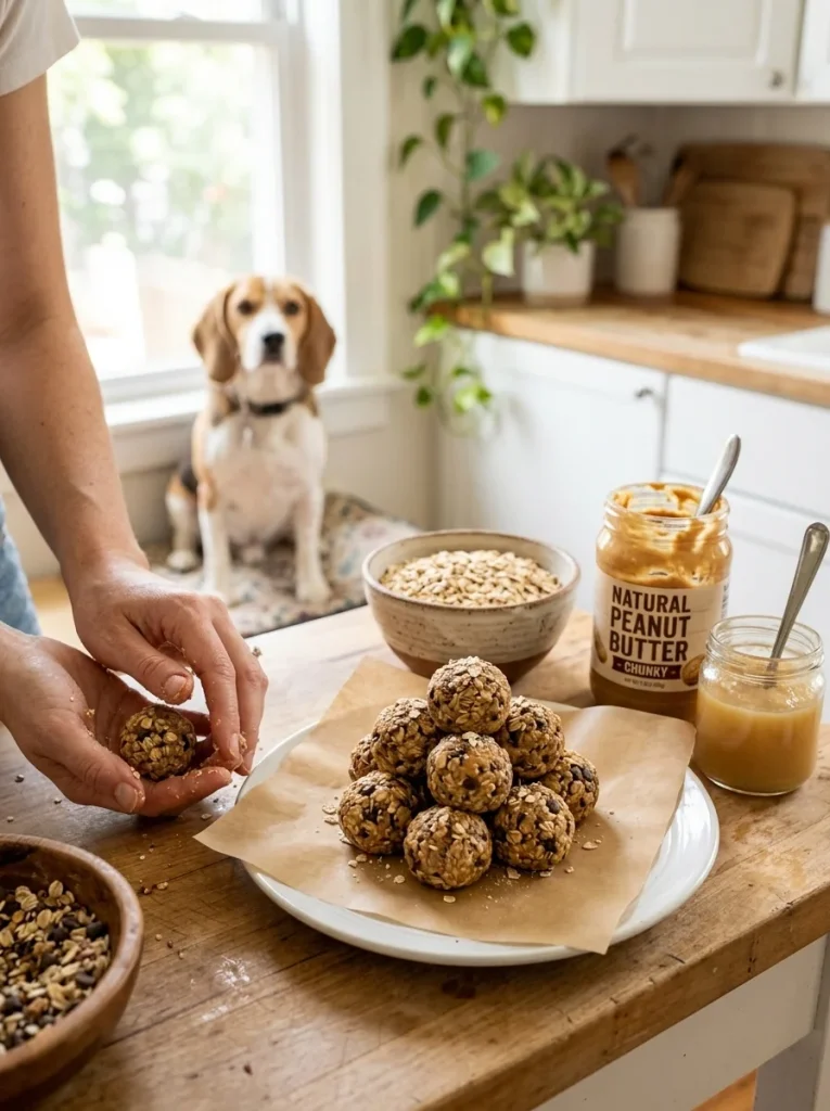 Easy no-bake peanut butter oat bites rolled into small balls for dogs