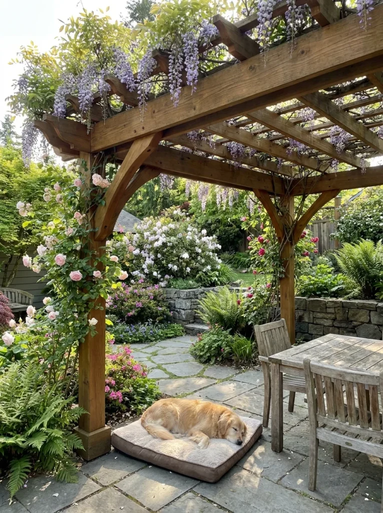 pergola with vines shading backyard dog area