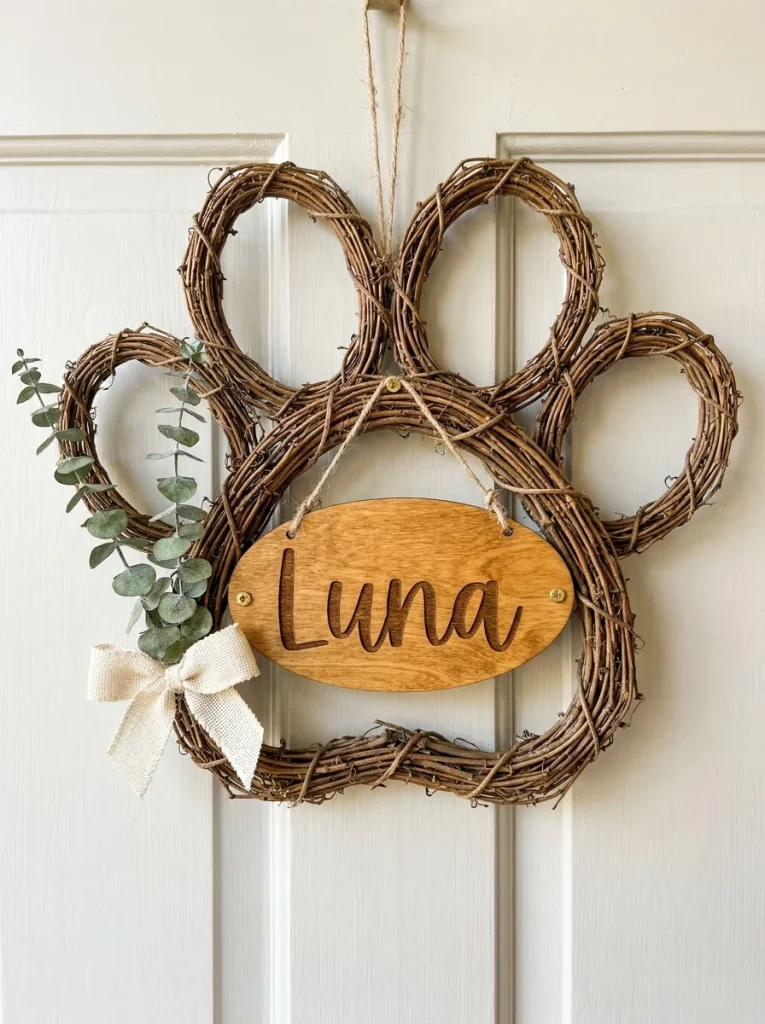 Personalized dog name wreath with wood name sign on grapevine paw base