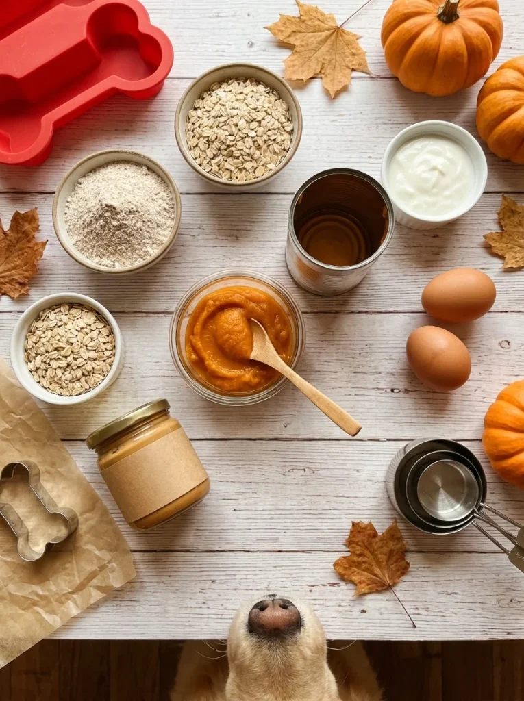 Plain pumpkin puree, oats, and baking tools laid out for making homemade dog treats