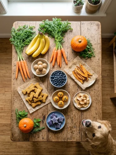 Homemade plant based dog treats displayed with a happy golden retriever