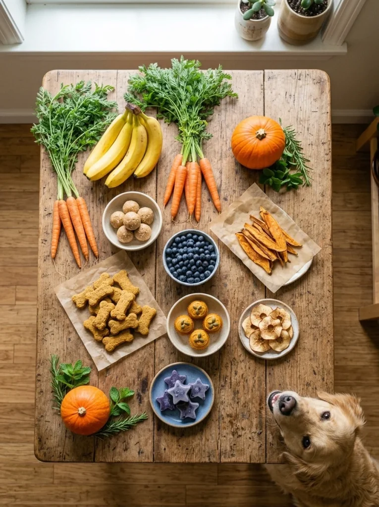 Homemade plant based dog treats displayed with a happy golden retriever
