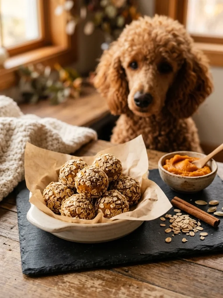 Round pumpkin oat truffles coated in crushed oats for dogs