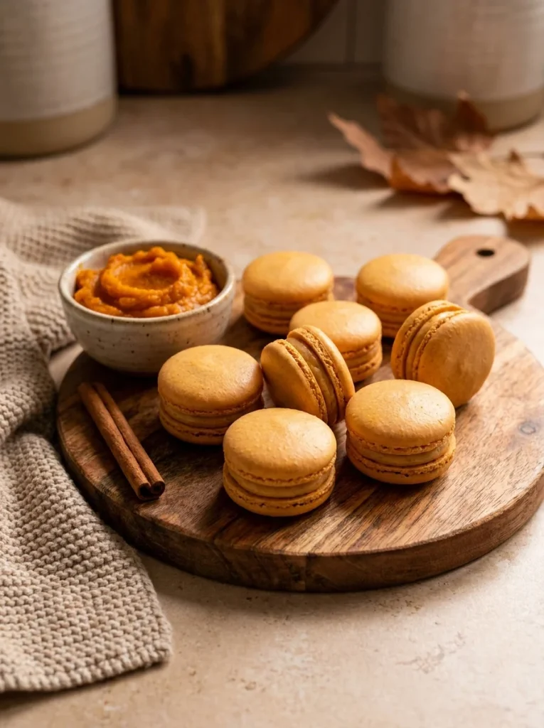 Pumpkin peanut butter macarons for dogs on a wooden board
