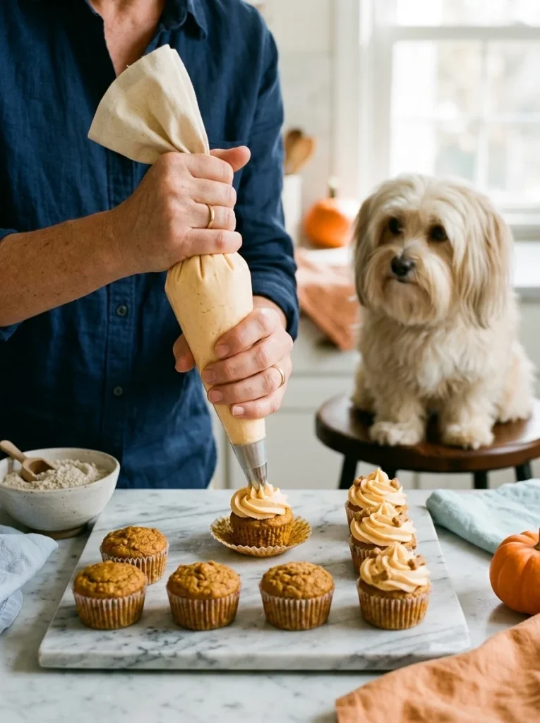 Piping sweet potato frosting onto pumpkin pupcakes for a dog's celebration