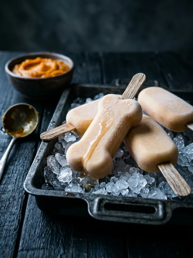 Pumpkin pupsicles, cooling 3-ingredient pumpkin dog treats resting on crushed ice