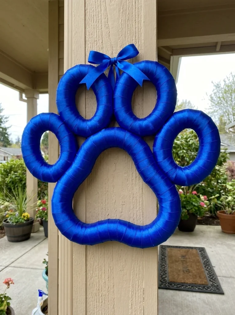 Ribbon wrapped foam paw print dog wreath diy in bold color