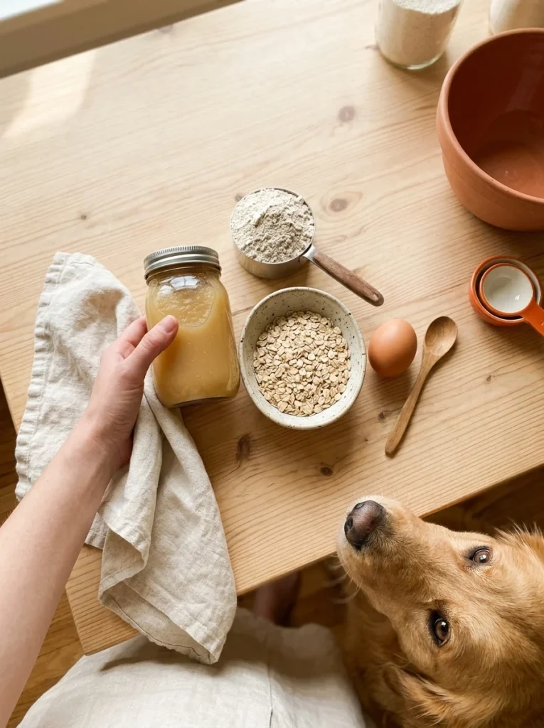 Unsweetened applesauce, oats and an egg ready for 3-ingredient applesauce dog treats