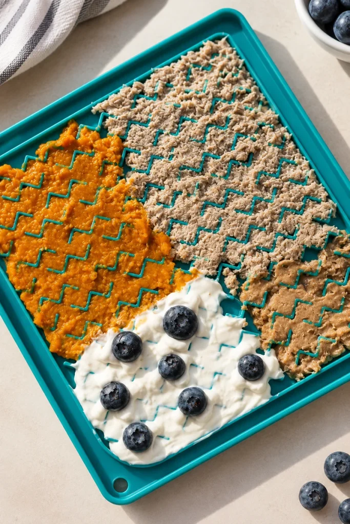 Frozen Dog Lick Mat Recipes with salmon pumpkin and blueberry