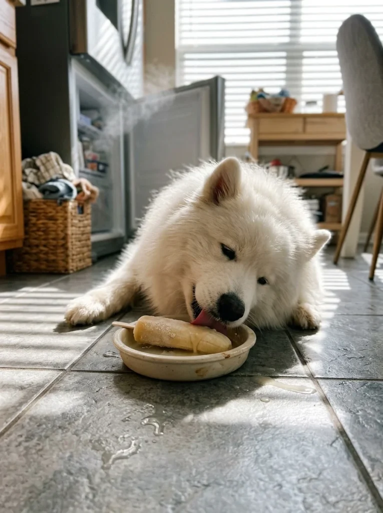 Samoyed enjoying a frozen pupsicle, a cool 3-ingredient applesauce dog treats idea