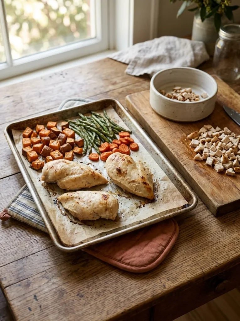 Roasted chicken and sweet potato sheet pan meal for dogs