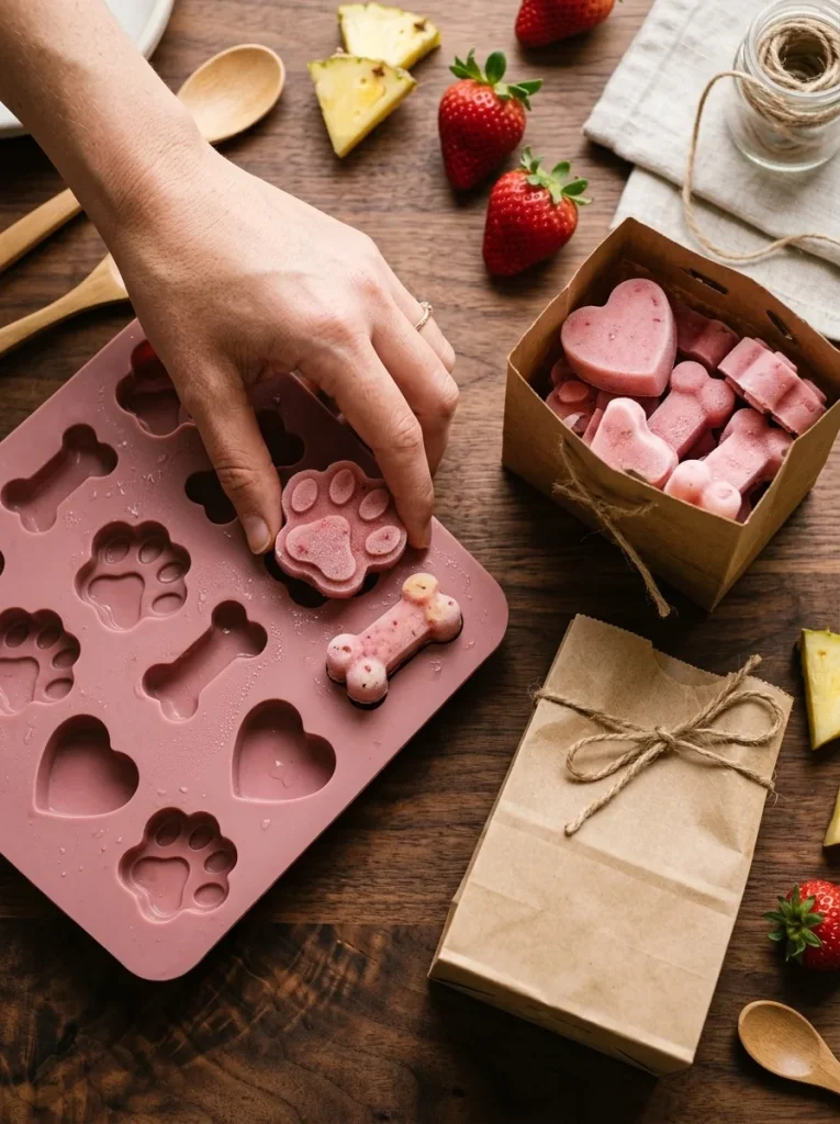 Paw and heart shaped frozen fruit dog treats from silicone molds