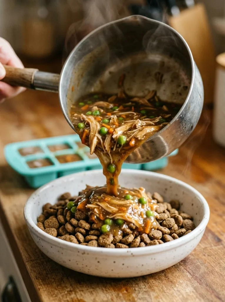Homemade broth gravy topper mixed into dog kibble