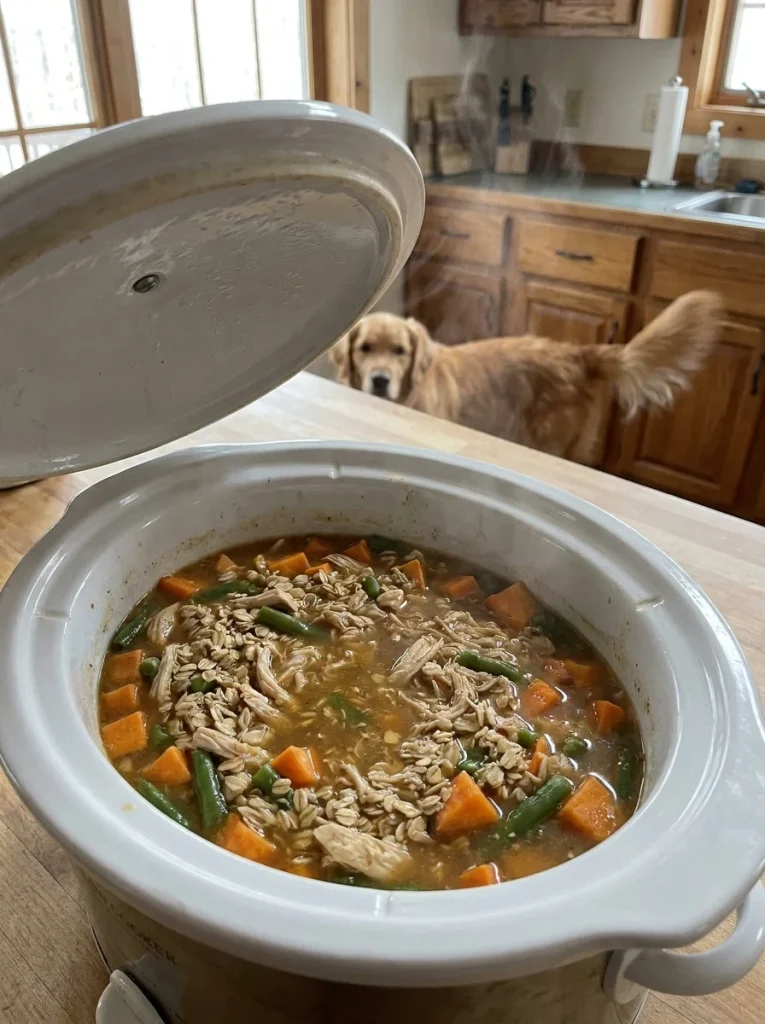 Slow cooker Chicken & Oatmeal Dog Food Recipe with shredded chicken and oats