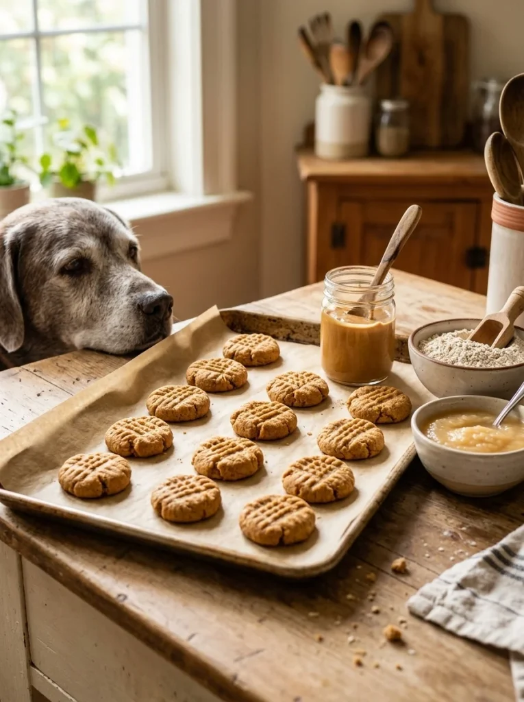 Chewy peanut butter cookies, a 3-ingredient applesauce dog treats recipe, on parchment