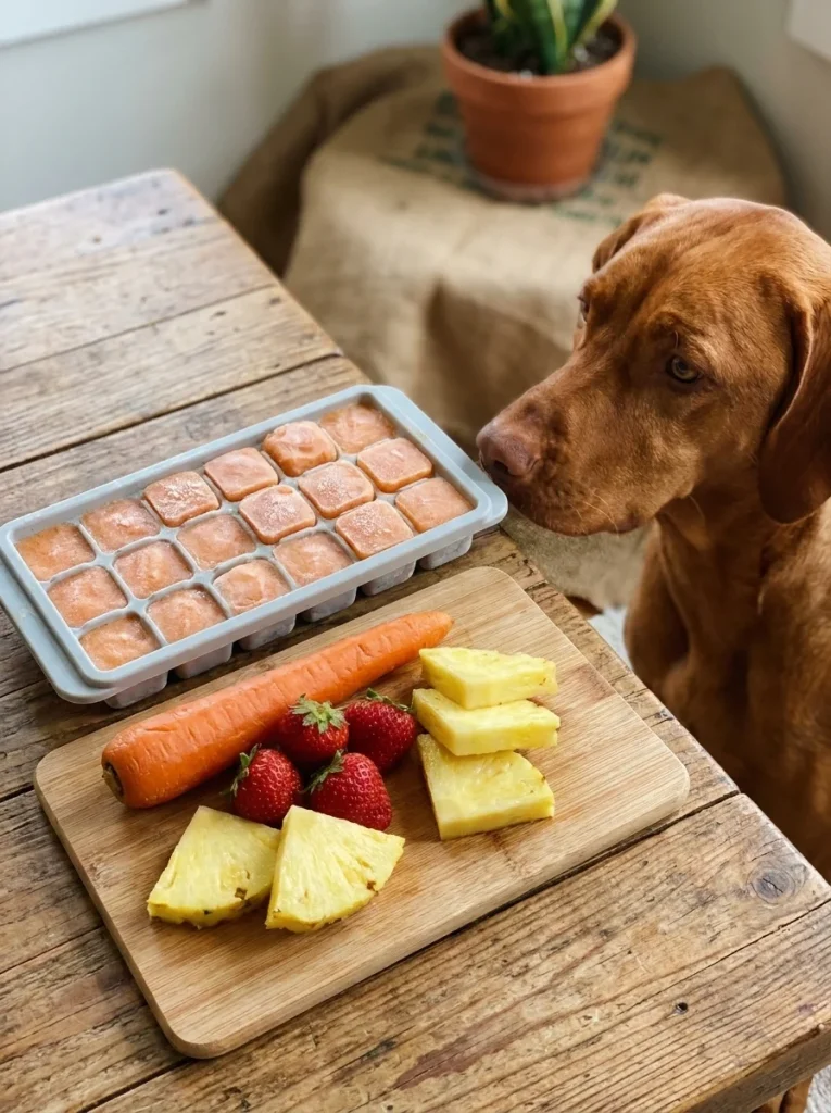 Peach orange carrot frozen fruit dog treats in a bowl