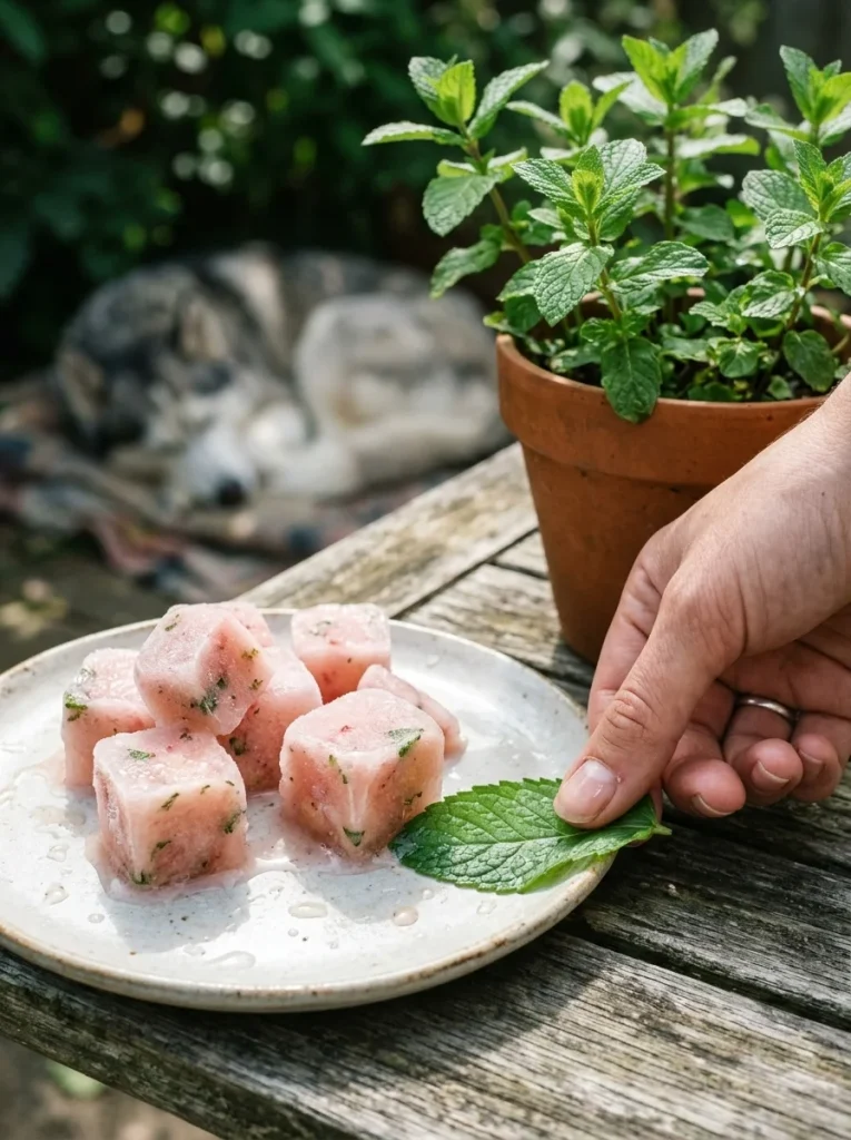 Mint flecked frozen strawberry pineapple dog treats on a garden table