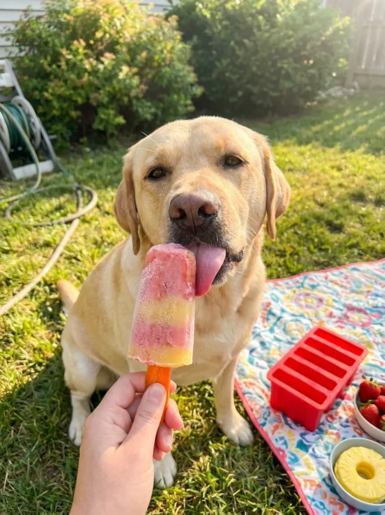Frozen strawberry pineapple dog treats served as pupsicles outdoors