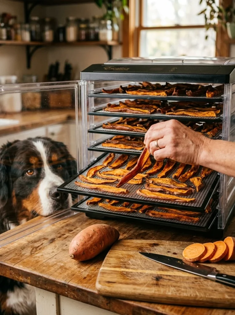 Sweet potato chews drying in dehydrator trays as plant based dog treats