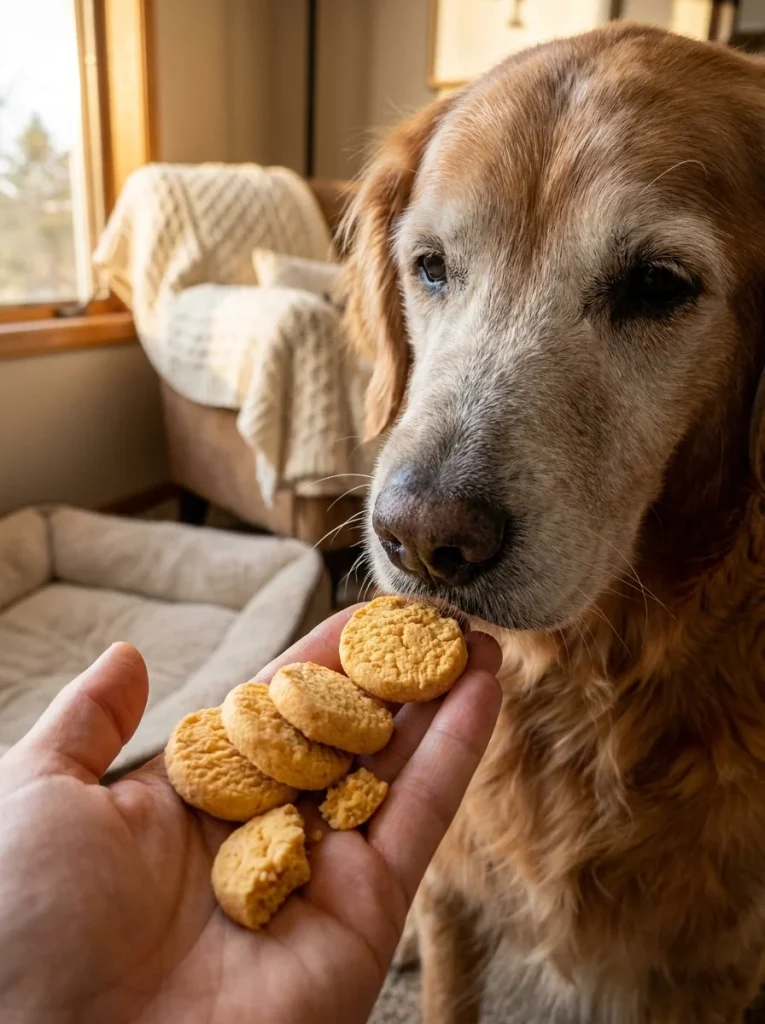 Soft chewy 3-ingredient pumpkin dog treats held out to a gentle senior dog