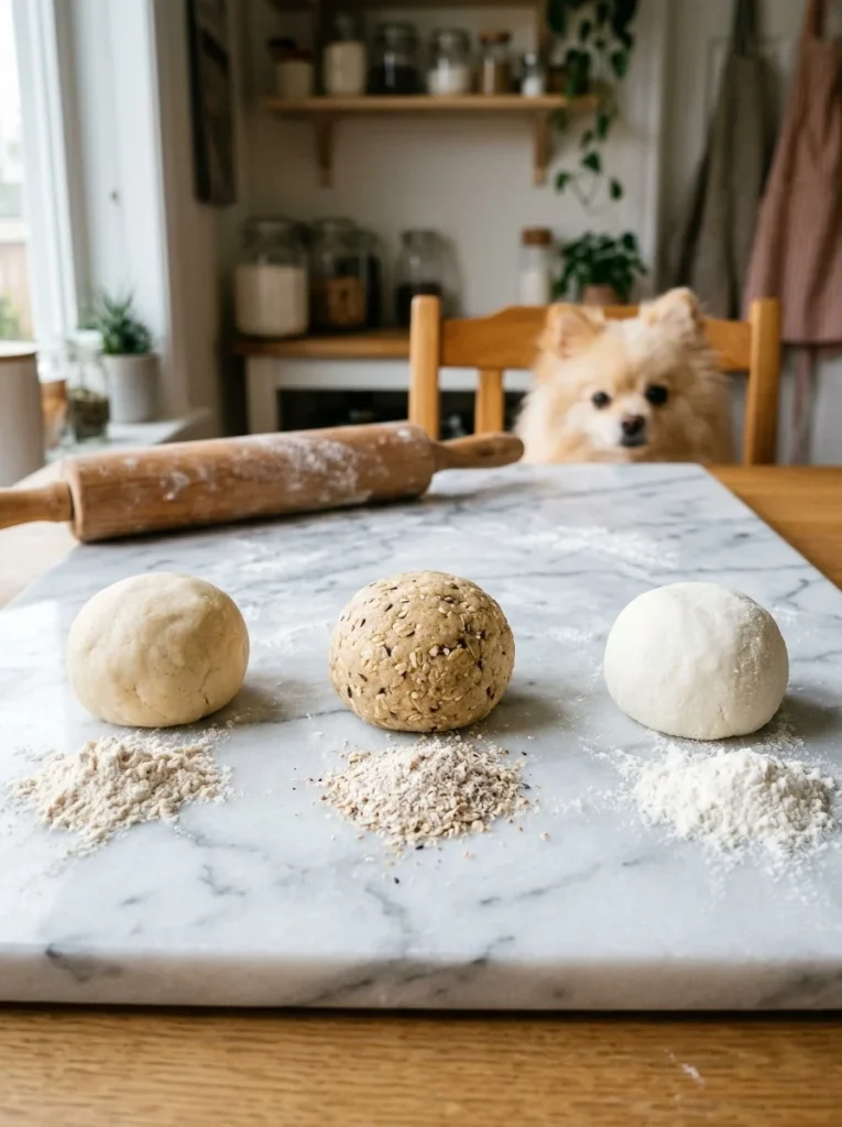 Three dough balls from oat, wheat and rice flour for applesauce dog biscuits