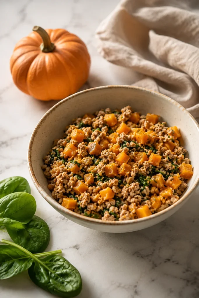 Turkey and pumpkin dog food styled with rustic props
