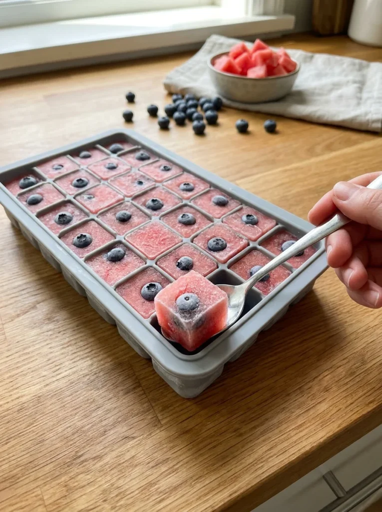Watermelon & Blueberry Frozen Bites made in a simple ice cube tray