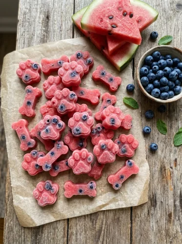 Watermelon & Blueberry Frozen Bites recipe for dogs served on a plate