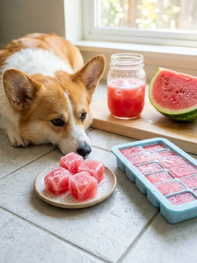 Refreshing watermelon ice cubes served to a dog on a hot day