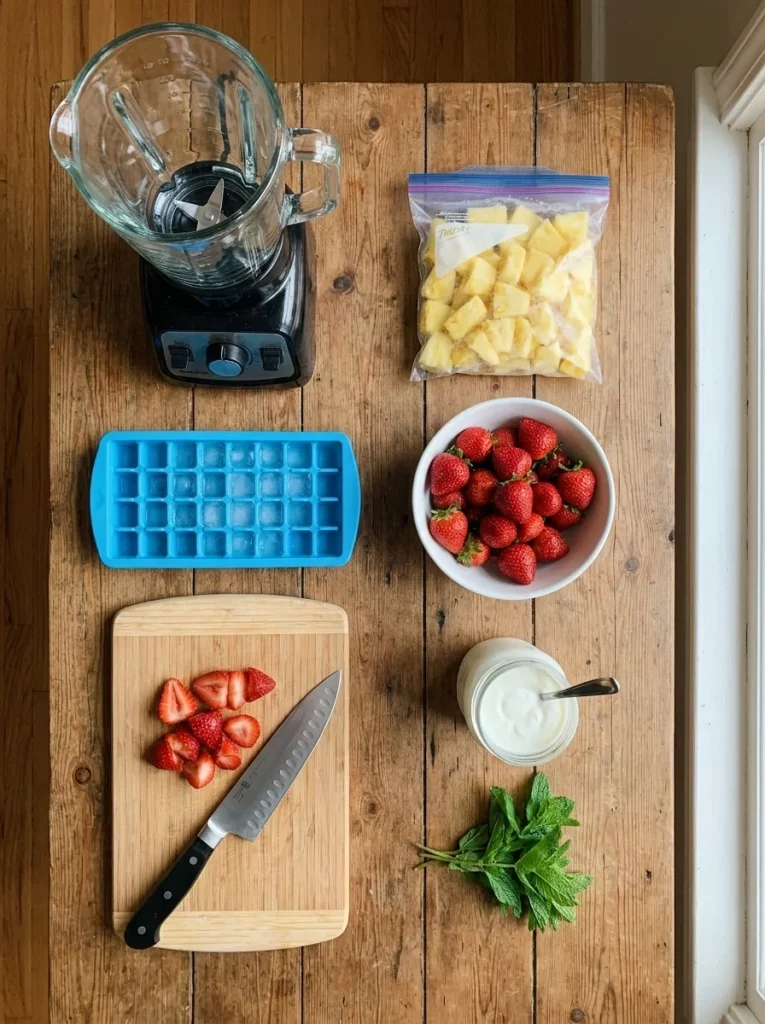 Blender, ice cube tray and fresh fruit for making dog treats