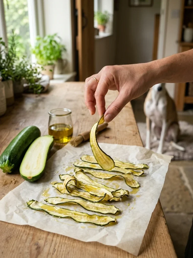Soft leathery zucchini chews drying on parchment as a low calorie dog snack