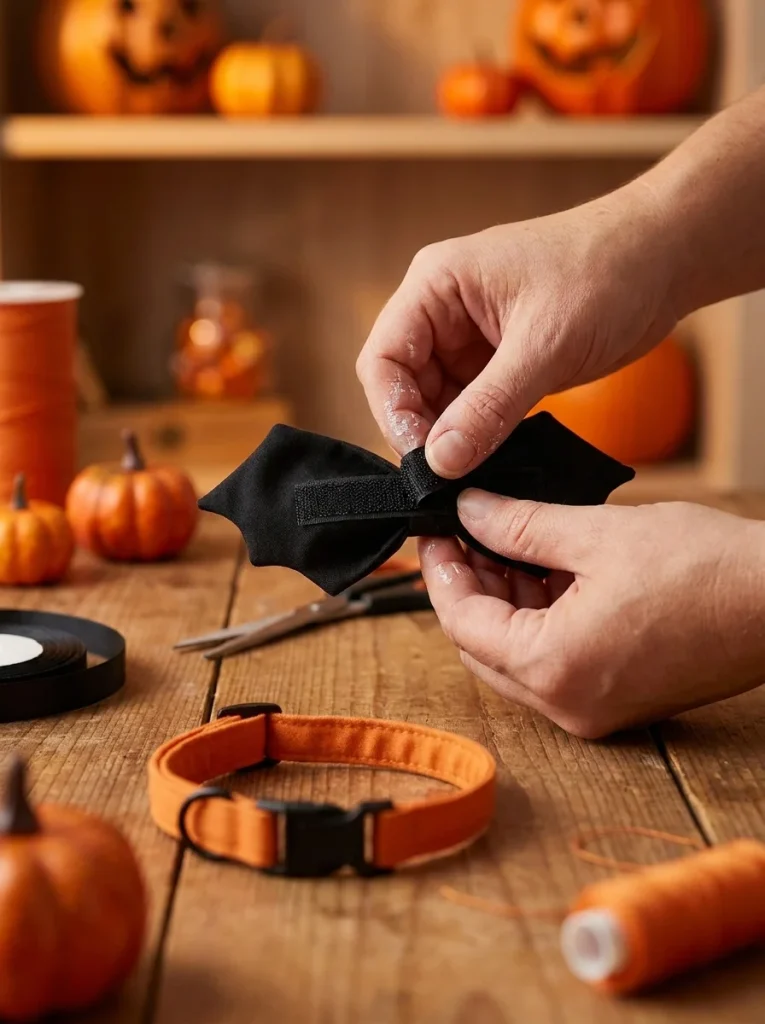 Attaching a velcro fastener to a bat-shaped dog bow tie