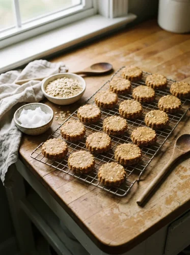Baked dog treats with coconut oil and oat bites on a cooling rack