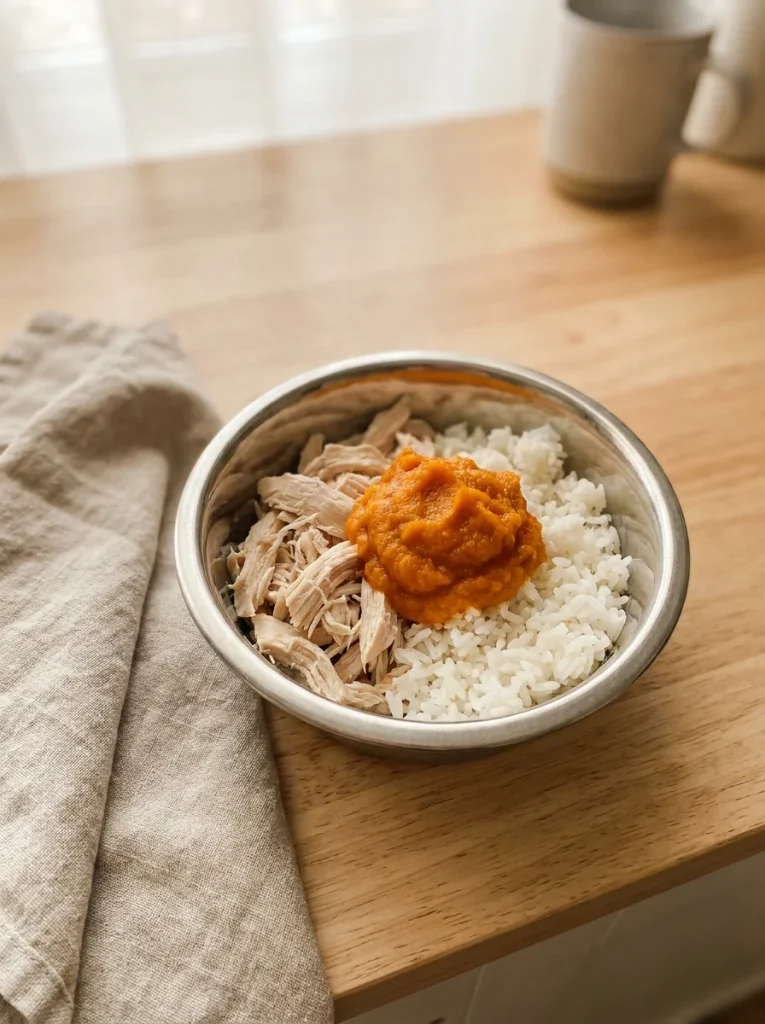 Homemade dog food for pancreatitis chicken and pumpkin bowl