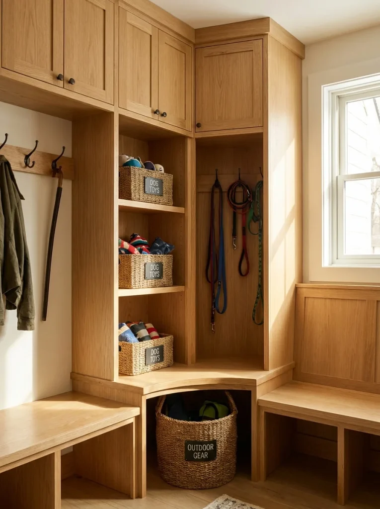 custom built-in cabinet nook designed for dog toys storage ideas