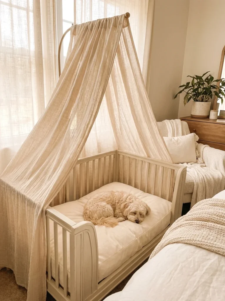 Crib mattress dog bed idea featuring a fabric canopy
