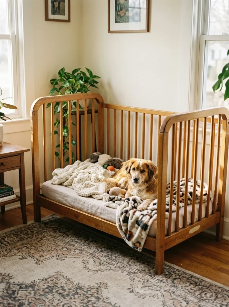 Crib Mattress Dog Bed Ideas using a classic wooden crib frame