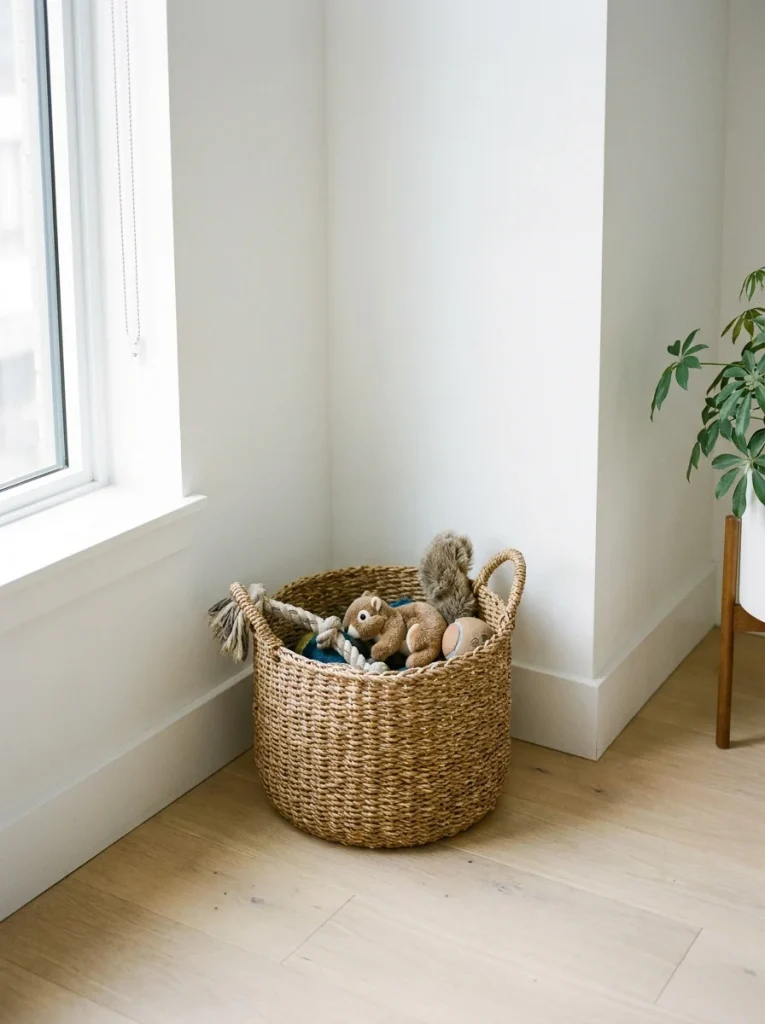 basket tucked into a home corner for quick dog toy storage
