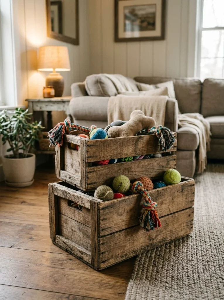 vintage crate-style chest holding dog toys