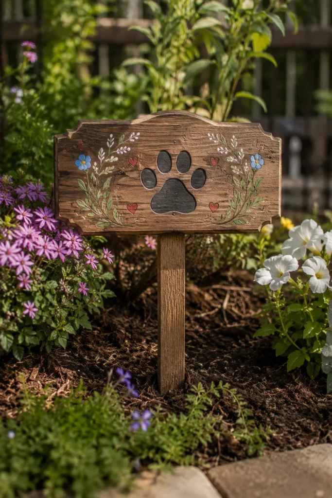 Custom wooden sign, a personal dog memorial garden idea