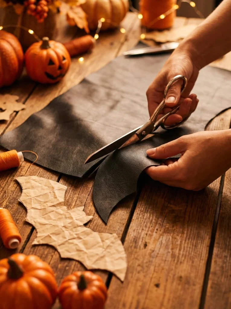 Cutting fabric wing pieces for a dog bat bow tie