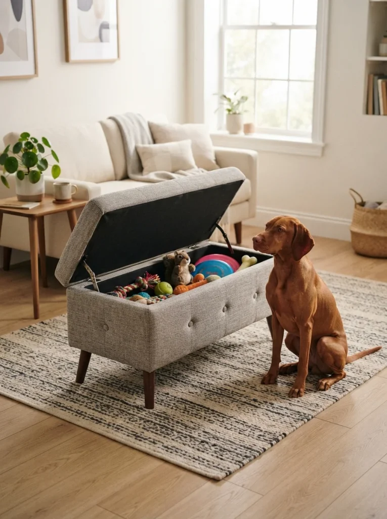 decorative ottoman doubling as hidden dog toy storage
