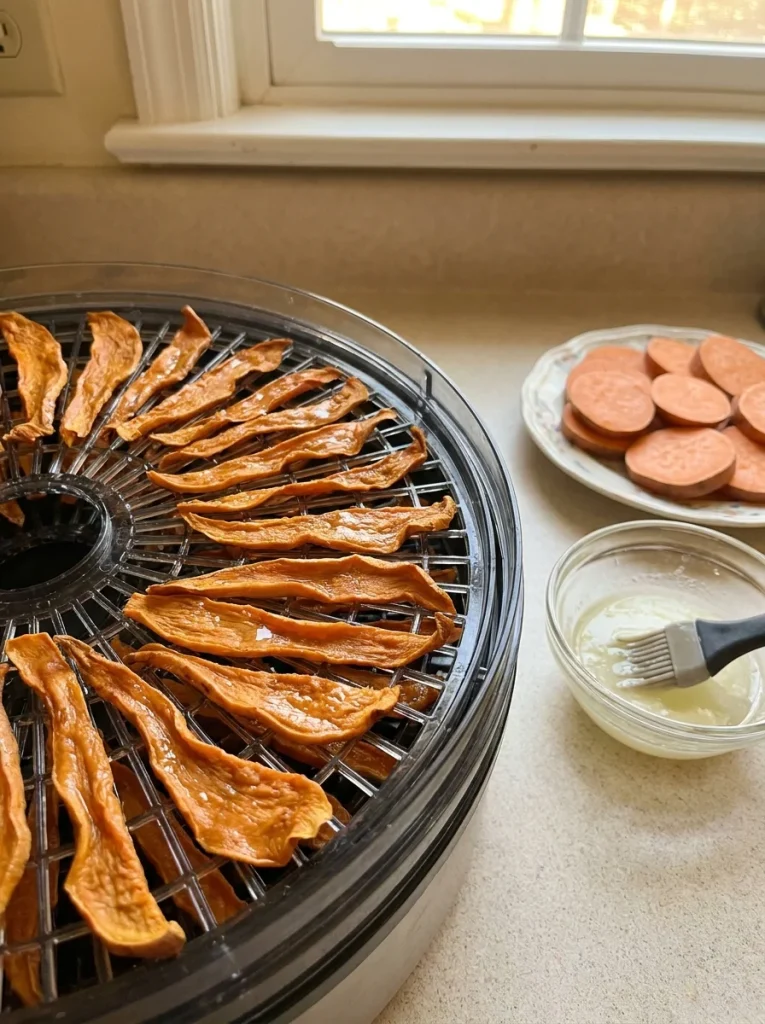 Dehydrated homemade coconut oil dog treats made from sweet potato slices