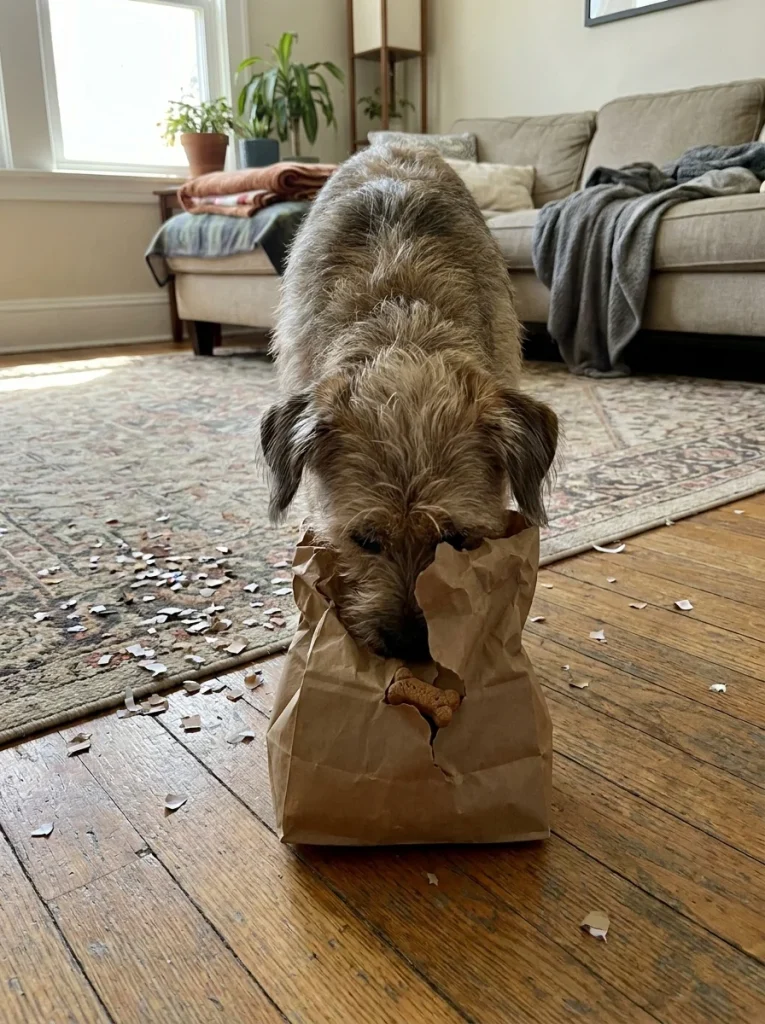 DIY dog puzzle toy paper bag treasure hunt for easy enrichment