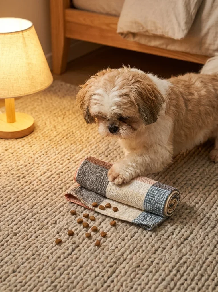 DIY dog puzzle toy towel roll up game for enrichment activities